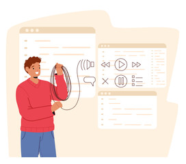 Cartoon Man Is Holding A Cable With Sound Wave Icons And Media Controls Floating Around Him, Representing The Management