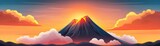 A majestic volcano silhouetted against a vibrant sunset, surrounded by colorful clouds and a serene atmosphere.