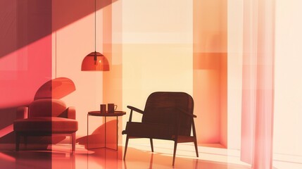 Poster - A cozy interior features silhouettes of various furniture pieces, an armchair, table, and lamp set against a light gradient backdrop. Generative AI