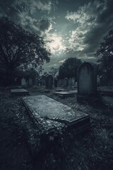 Wall Mural - cemetery at night with a full moon Generative AI