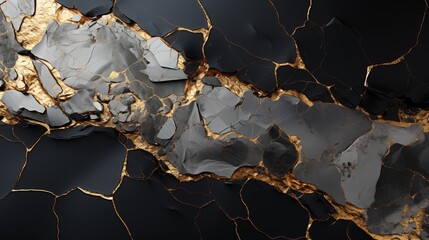 Wall Mural - black and white marble texture background with cracked gold details