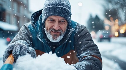 A man shovels snow on a street during a snowy winter day, wearing a warm beanie and coat, as the snow gently falls around him, creating a serene atmosphere.