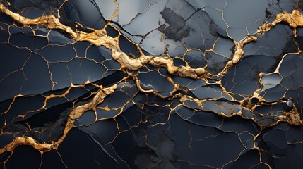 Wall Mural - black and white marble texture background with wavy cracked gold details