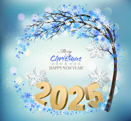 Poster - Merry Christmas and Happy New Year Background with 2025 letters and christmas tree with snowflakes. Vector