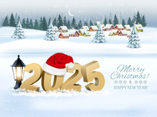 Poster - Holiday Christmas and Happy New Year background with a winter village and  christmas trees, winter sledge and colorful presents. Vector.