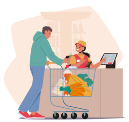 Wall Mural - Cartoon Man With Shopping Cart Filled With Fresh Vegetables And Goods Makes Contactless Payment For Groceries