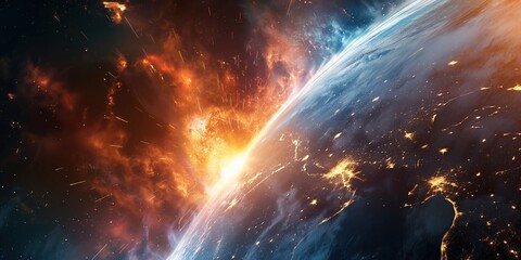 Wall Mural - a powerful nuclear explosion in space radiates over earth, casting intense light and energy waves ac