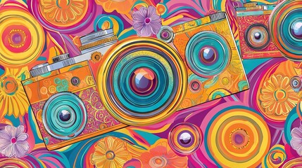 Wall Mural -   Camera in a vibrant background of flowers and swirls