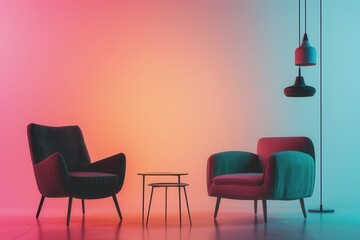 Poster - Silhouettes of stylish furniture pieces create a warm ambiance against a light gradient background, evoking a cozy atmosphere. Generative AI