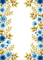 Blue and gold flowers  frame the sides of a blank, white background, creating a symmetrical border