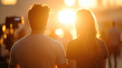 a man and woman stand together watching a beautiful sunset, casting their silhouettes against a warm