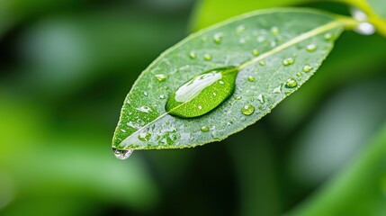 A macro photograph capturing the vivid details of a green leaf adorned with a dew drop at its edge, embodying nature's simplicity and freshness.