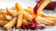 © Pinklife - Golden French fries with crispy texture drizzled in red ketchup and lightly sprinkled with salt, shining under bright light, evoking a sense of savoriness and indulgence.