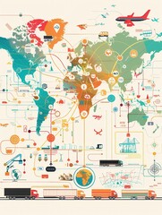 Aufkleber - A world map showcases various transport routes, with icons representing air, land, and sea transport, emphasizing global connectivity. Generative AI
