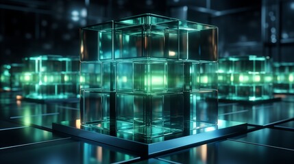 Wall Mural - box in cube geometric shape illuminated in blue and green neon colors and lights in dark