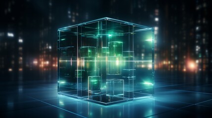 Wall Mural - box in cube geometric shape illuminated in blue and green neon colors and lights in dark
