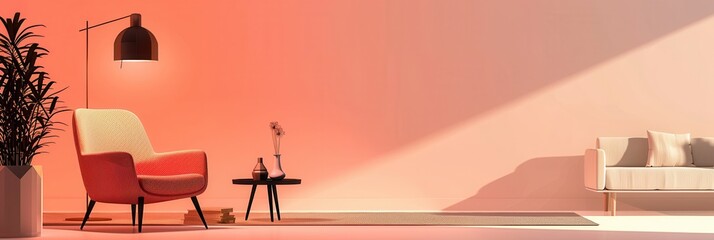 Poster - Silhouettes of a cozy armchair, elegant table, and contemporary lamp create a tranquil ambiance on a soft gradient backdrop. Generative AI