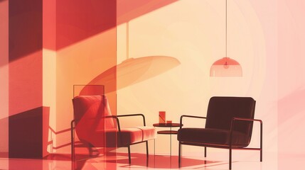 Fototapete - Various furniture silhouettes create a stylish atmosphere with rich gradients, highlighting an inviting armchair and light lamp design. Generative AI
