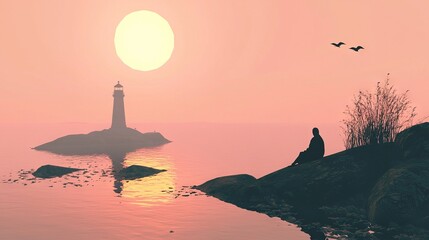 Wall Mural -   A person lounges on a rock beside a serene body of water as the sun sets and casts its golden glow onto a distant lighthouse