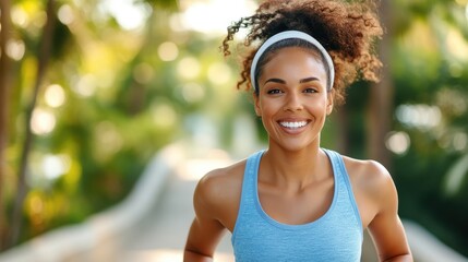 A cheerful woman in sportswear smiling broadly under the sun, embodying health and wellness during her outdoor exercise routine, set in a lush, green environment.