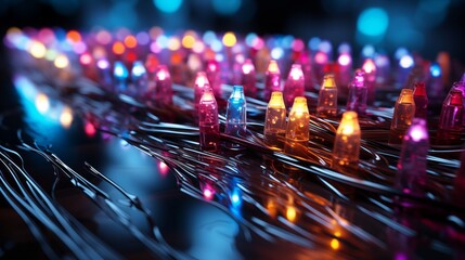 Wall Mural - colored electric cables and led. optical fiber, intense colors