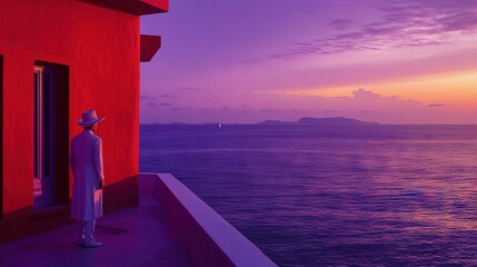 Wall Mural -   A man in a white suit and hat stands on a balcony beside a red building, gazing upon the vast ocean