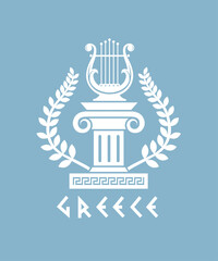 ancient greek symbol with column, lyre and laurel isolated on blue background