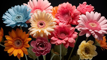 Wall Mural - composition of different bright gerbera flowers on black background