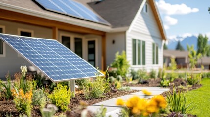 A sleek solar panel is positioned amidst a blooming garden, facing a modern house with large windows and a bright exterior, highlighting sustainable energy solutions.