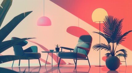 Wall Mural - Various silhouettes of modern furniture pieces, such as armchairs and lamps, create a unique atmosphere against a gentle gradient background. Generative AI