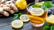 © Pinklife - A cup of herbal ginger lemon tea with a mint garnish, showcasing fresh lemon slices and ginger root, creating a soothing, warm impression on the table.