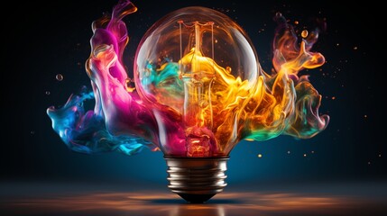 Wall Mural - Creative light bulb explodes with colorful paint and splashes on a black background.