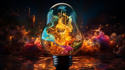Wall Mural - Creative light bulb explodes with colorful paint and splashes on a black background.