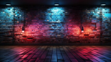 Wall Mural - Neon light on brick walls that are not plastered background and texture. Lighting effect red and blue neon background