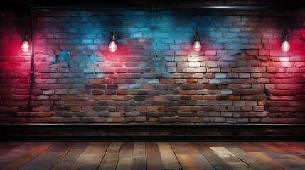 Wall Mural - Neon light on brick walls that are not plastered background and texture. Lighting effect red and blue neon background