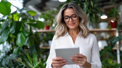 A serene woman with glasses enjoys reading on her tablet in an indoor garden, exuding tranquility and focus within a lush green environment filled with plants.