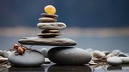 Wall Mural - pebbles balancing on white plank on round stone with shade and placed on rock on gray surface against gray wall in day