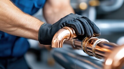 Close-up of a plumber's gloved hands skillfully working on shiny copper pipes, representing precision craftsmanship and dedication in the field of plumbing and repair.