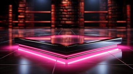 Wall Mural - Pink Neon Product Podium against black wall.