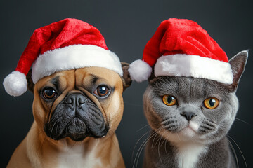 Two dogs and a cat are wearing Santa hats