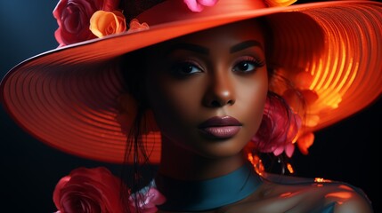 Wall Mural - portrait of African American woman in hat with neon lights on face on black background