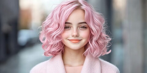 Wall Mural - young woman with pink curly hair smiling