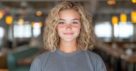 Canvas Print - Smiling young woman with curly blonde hair