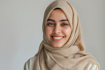 A woman wearing a scarf is smiling