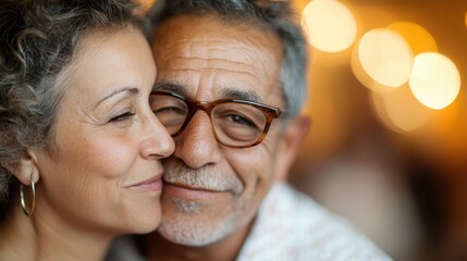 This vibrant image captures the warmth and love shared between an elderly couple, as they smile and hold each other closely in an intimate embrace indoors.