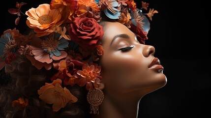 Wall Mural - side view of graceful young female and colorful flowers on head against black background background