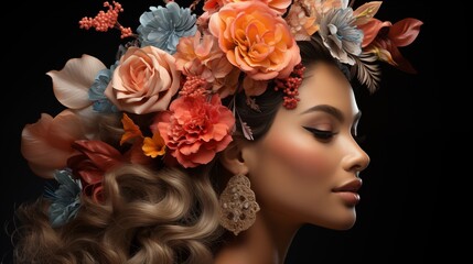 Wall Mural - side view of graceful young female and colorful flowers on head against black background background