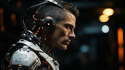 Wall Mural - side view of pensive cyborg character with illuminated dots and wires with cables looking away again