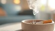 © Pinklife - A single cigarette rests in a ceramic ashtray with smoke rising gently, positioned in a softly lit room providing a serene and introspective atmosphere indoors.