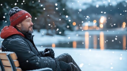 A man in cozy winter attire relaxes on a snowy park bench, surrounded by falling snowflakes and a tranquil lake view, embodying winter's peaceful essence.